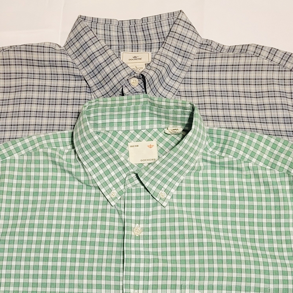 🖤2 SZ L Dockers Men's Green and Blue Plaid Button-up Short Sleeve Shirts